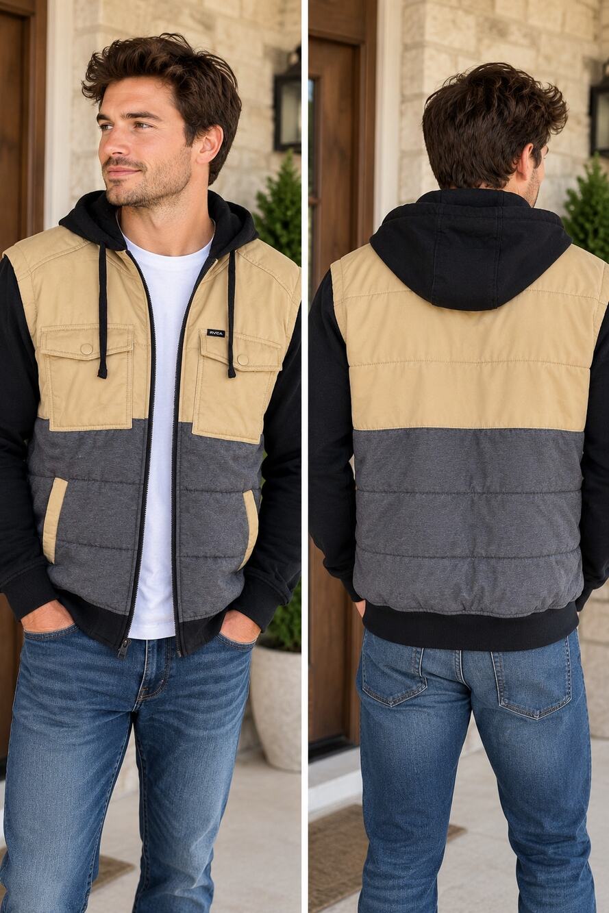 RVCA Men’s L Colorblock Hooded Puffer Jacket Tan Gray Black Utility